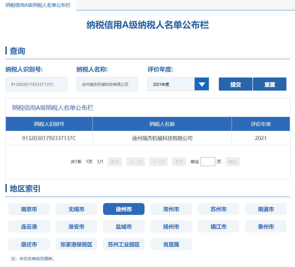 徐州瑞杰機(jī)械科技有限公司被評(píng)為2021年度納稅信用A級(jí)納稅人